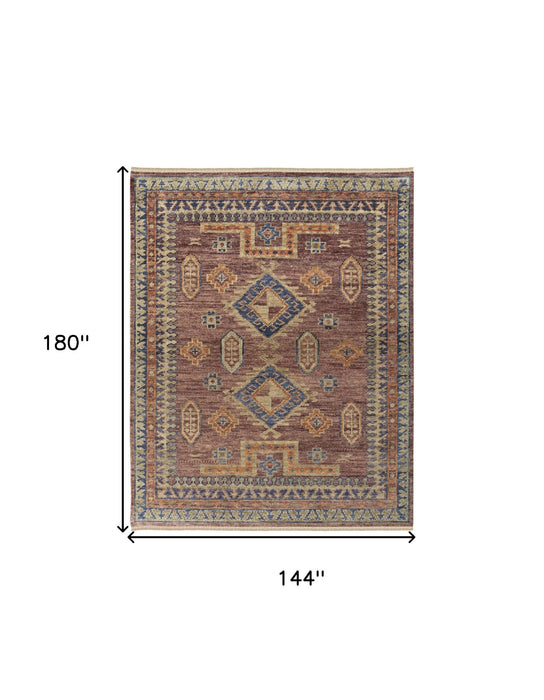 12' x 15' Wool Geometric Hand Knotted Area Rug With Fringe - Blue Red And Tan