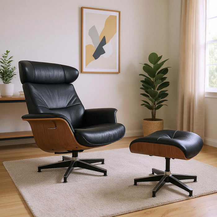 Black tufted genuine leather lounge chair with stainless steel frame and matching ottoman, featuring walnut wood accents for a modern look.
