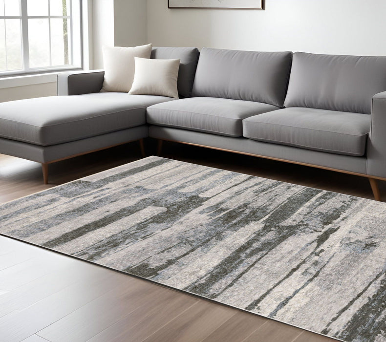 7' X 10' Abstract Area Rug With Fringe - Gray And Ivory