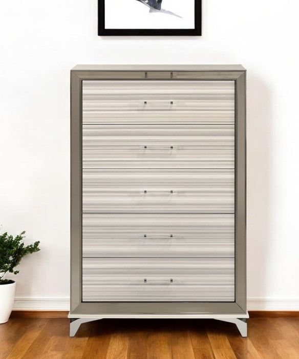 Beige and white 53-inch wood lighted five-drawer dresser from HomeRoots, showcasing the accent chest with illuminated accents.
