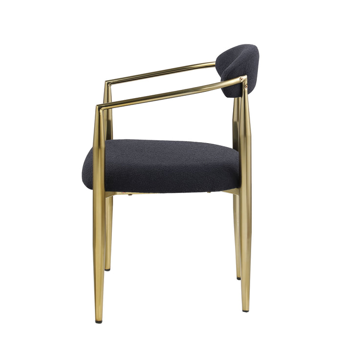 Set of 2 Giga mid-century modern dining chairs with boucle round backrests and metal legs, perfect for kitchen or dining room.