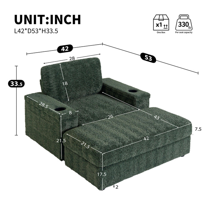 Giga oversized stationary chaise lounge with rabbit fur upholstery, storage ottoman, armrests, cup holders, and a deep seat.