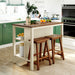 Rustic Giga 3-piece stationary kitchen island set with two seats and open shelves, ideal for dining and kitchen storage.