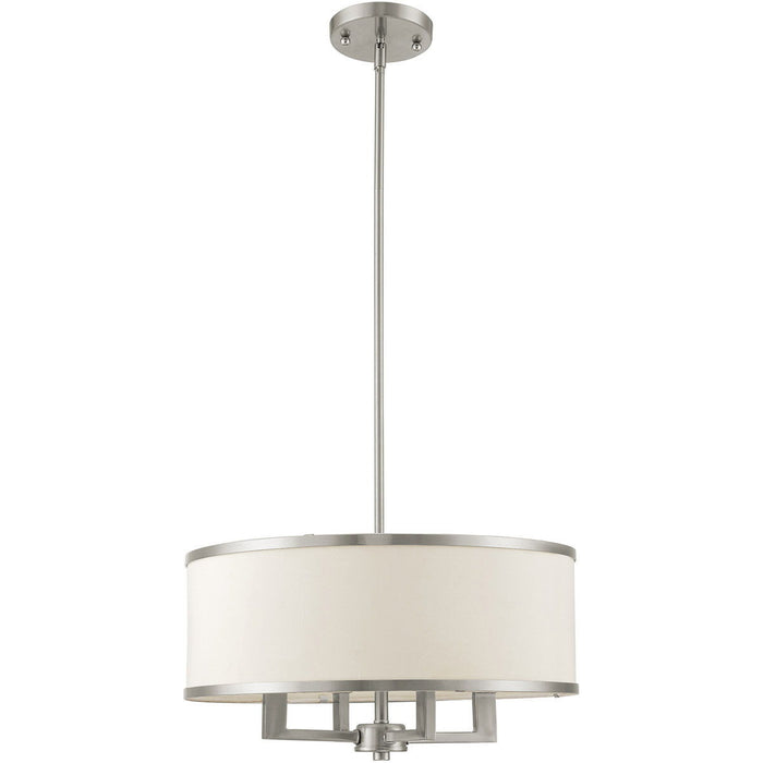 HomeRoots 18-inch four-light dimmable chandelier with pearl silver and nickel shades, showcasing elegant lighting design.
