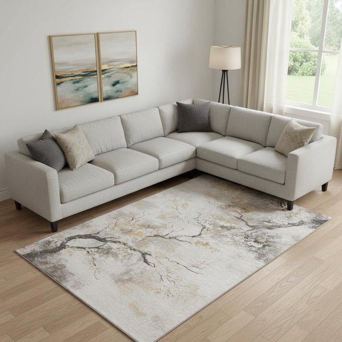 10' X 14' Floral Washable Area Rug With UV Protection (701617) - Beige / Gold / Charcoal