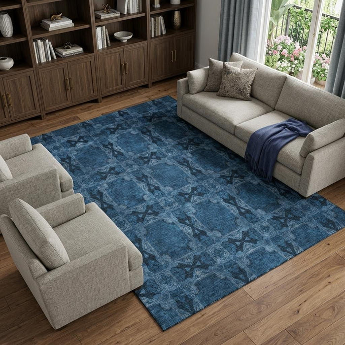10' X 14' Floral Medallion Washable Area Rug With UV Protection (649504) - Navy Blue / Gray