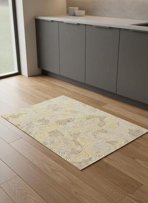 5' Geometric Washable Round Rug With UV Protection (609990) - Beige / Gold / Brown