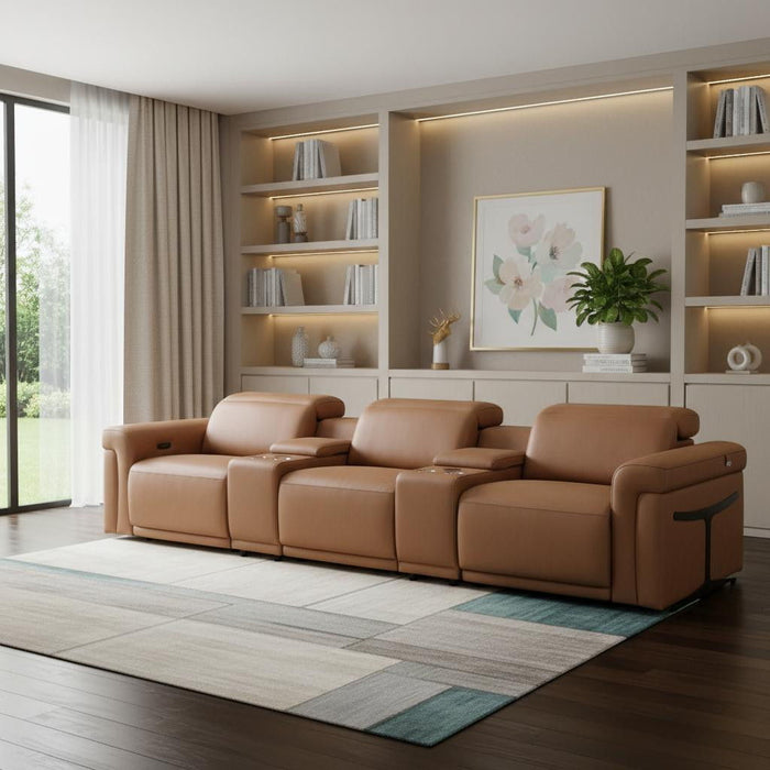Top Grain Leather Reclining Metal USB Sofa (720366) - Chestnut