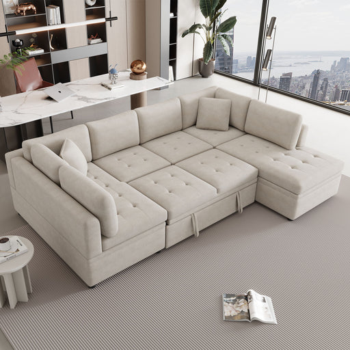 Giga oversized U-shaped sectional sofa with pull-out bed and two throw pillows, ideal for living room lounging and sleeping.