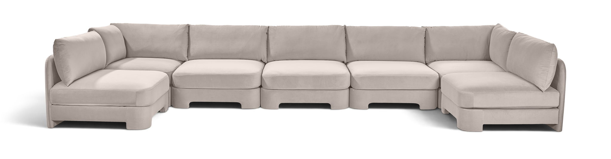 Meridian Furniture velvet U-shaped sectional sofa with armless design, upholstered in plush performance fabric, seven-piece set.