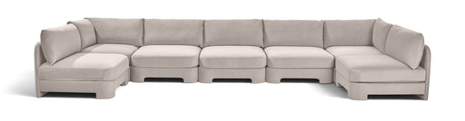 Meridian Furniture velvet U-shaped sectional sofa with armless design, upholstered in plush performance fabric, seven-piece set.