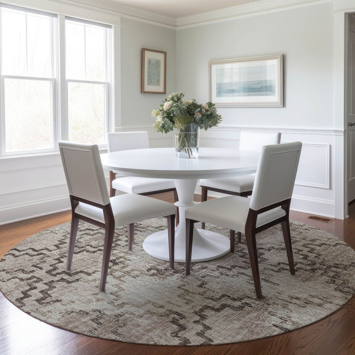 8' Tribal Washable Round Rug With UV Protection - Coffee And Ivory