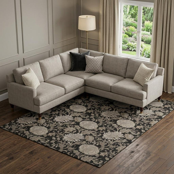 9' X 12' Floral Washable Area Rug With UV Protection (655775) - Black / Beige