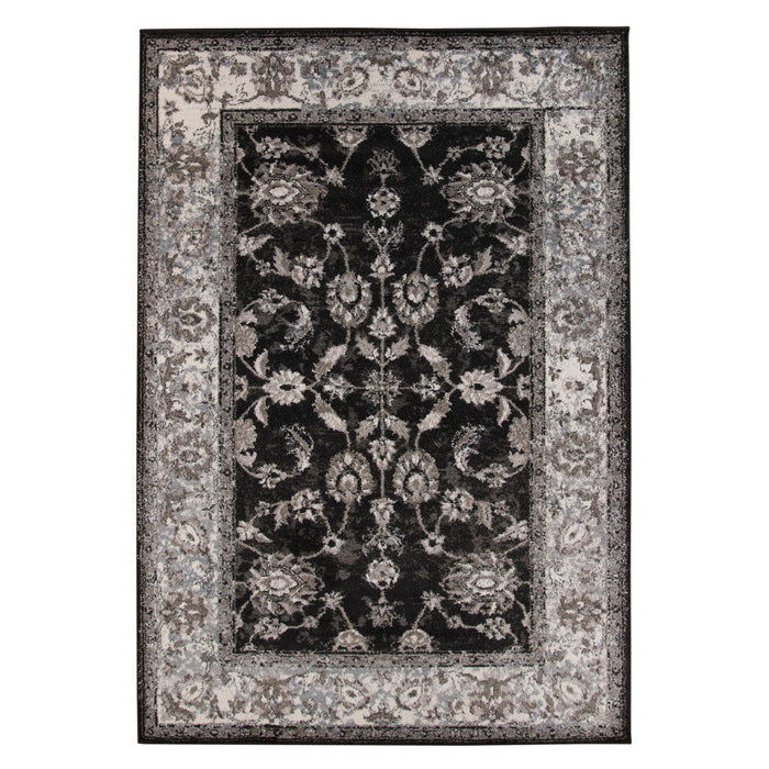 9' x 12' Floral Power Loom Area Rug - Ivory Black And Gray