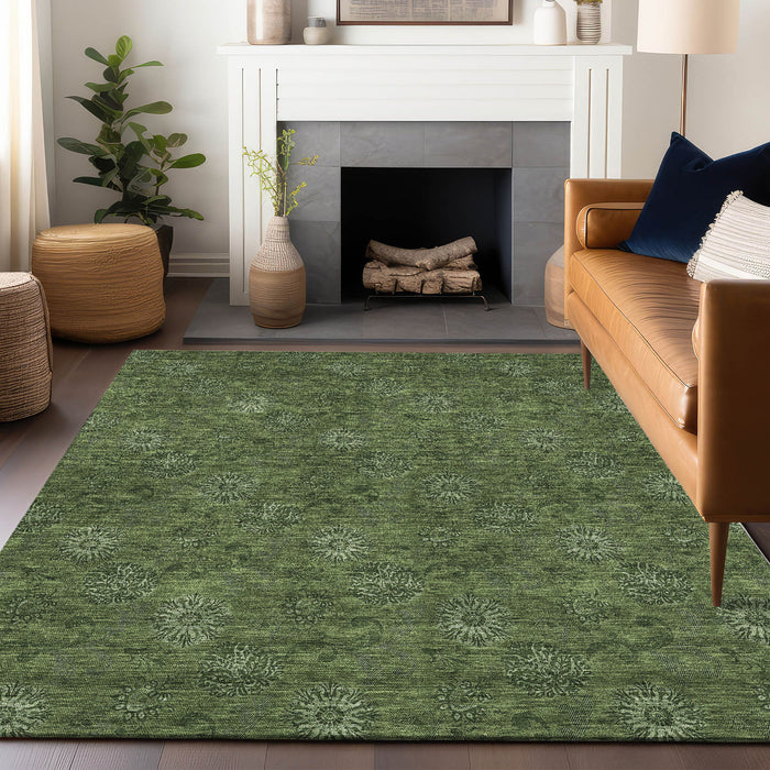 10' X 14' Floral Washable Area Rug With UV Protection - Olive Green And Ivory