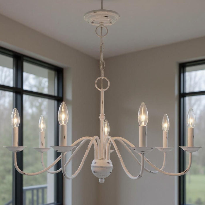 Seven Light Dimmable Chandelier With Shades - Antiqued White