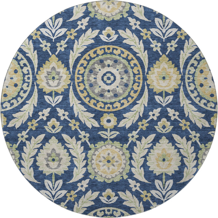 8' Floral Washable Round Rug With UV Protection - Navy Blue