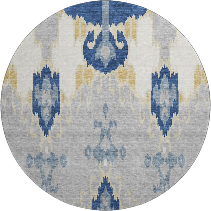 8' Ikat Washable Round Rug With UV Protection - Navy Blue