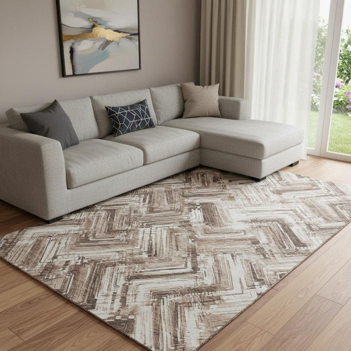 10' X 14' Chevron Washable Area Rug With UV Protection (652881) - Brown / Ivory