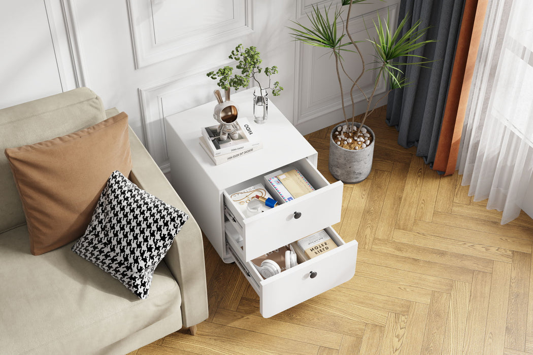 White Giga modern night stand with two drawers, steel accent cabinet featuring circular handles for living room or bedroom.