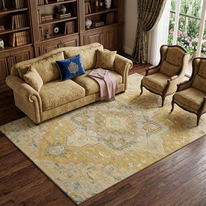 10' X 14' Oriental Washable Area Rug With UV Protection (681311) - Gold / Blue / Gray