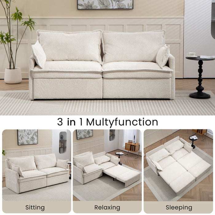 Giga pull out sofa bed with side storage and USB-C charging ports, convertible sleeper sofa couch in a modern living room setting.
