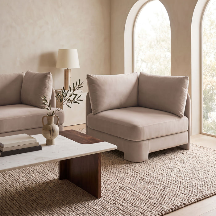 Velvet upholstered corner chair by Meridian Furniture, stationary with plush fabric and modern design for living room or lounge.