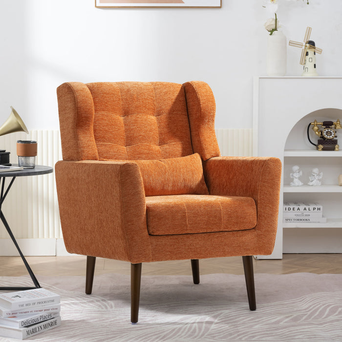 Giga modern upholstered accent armchair with soft padding, wooden legs, pillow, suitable for living room or bedroom seating.