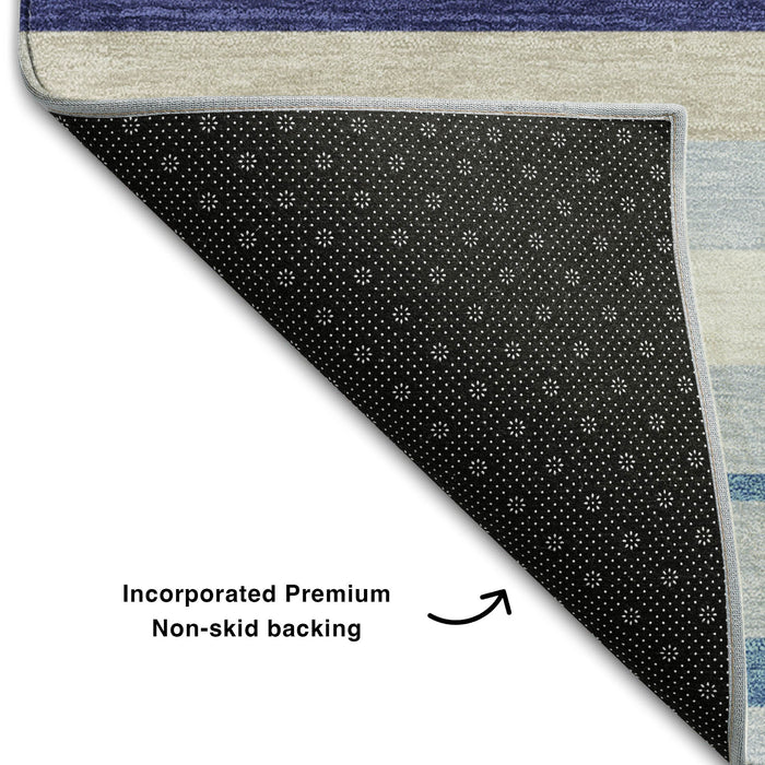 10' X 14' Striped Washable Area Rug With UV Protection (669907) - Blue / Ivory / Beige