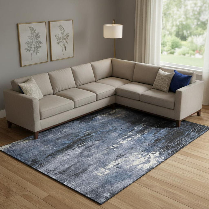 10' X 14' Abstract Washable Area Rug With UV Protection (697098) - Blue / Charcoal / Ivory