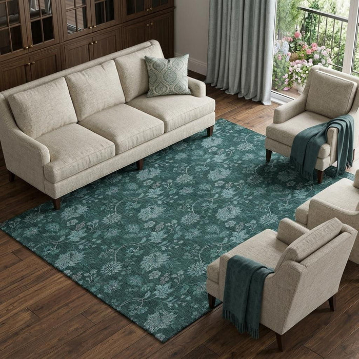 10' X 14' Floral Washable Area Rug With UV Protection (655944) - Teal / Ivory