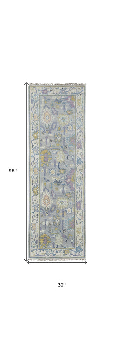 8' Wool Oriental Hand Knotted Runner Rug With Fringe - Purple
