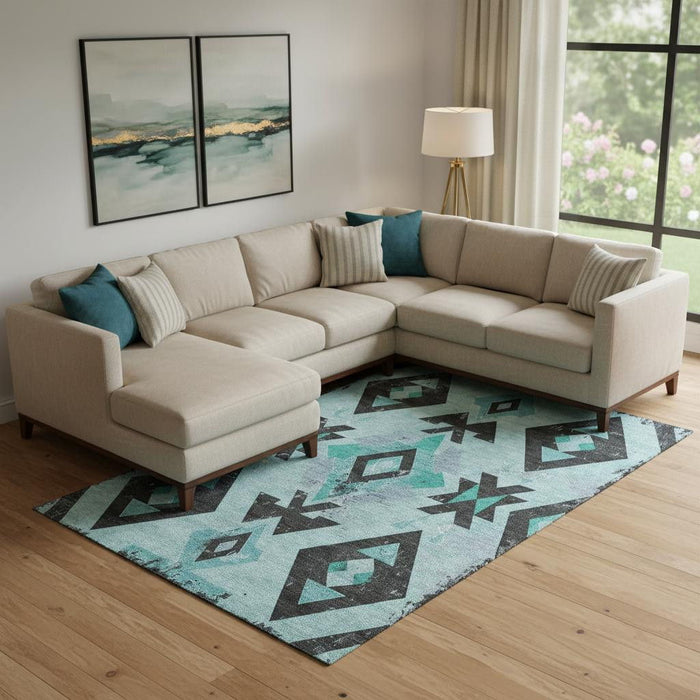 10' X 14' Southwestern Washable Area Rug With UV Protection (706769) - Teal / Charcoal