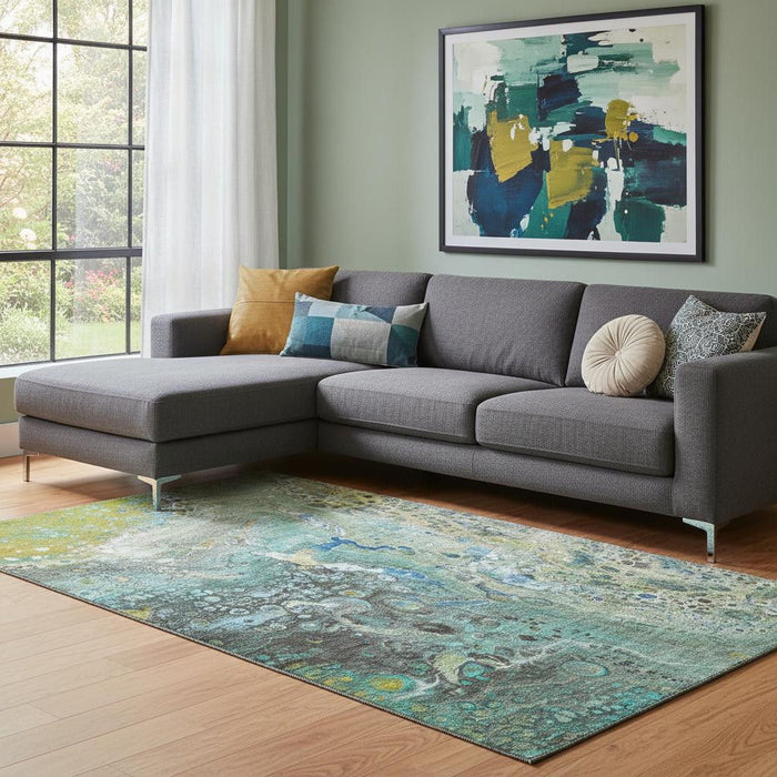 9' X 12' Abstract Washable Area Rug With UV Protection (650439) - Teal / Gold / Gray
