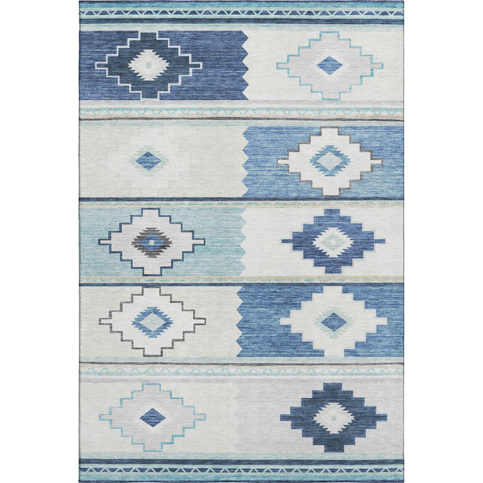8' X 10' Southwest Geometric Washable Area Rug With UV Protection - Blue And Ivory