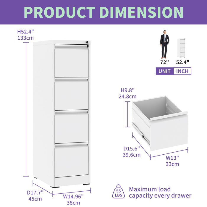 Giga steel vertical filing cabinet with lock for A4, legal, and letter size documents, featuring multiple drawers for secure storage.