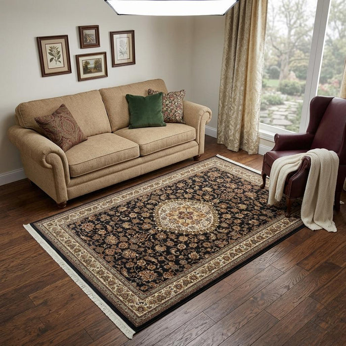 5' X 8' Medallion Area Rug With Fringe (574473) - Ivory / Dark Blue