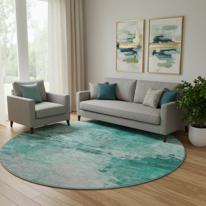 8' Abstract Washable Round Rug With UV Protection (650743) - Teal / Ivory