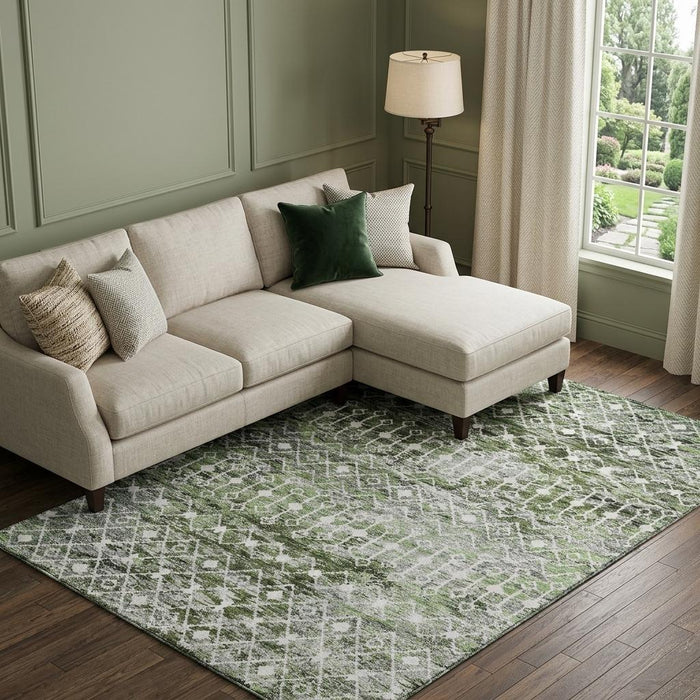 10' X 14' Geometric Washable Area Rug With UV Protection (695648) - Olive Green / Ivory / Gray