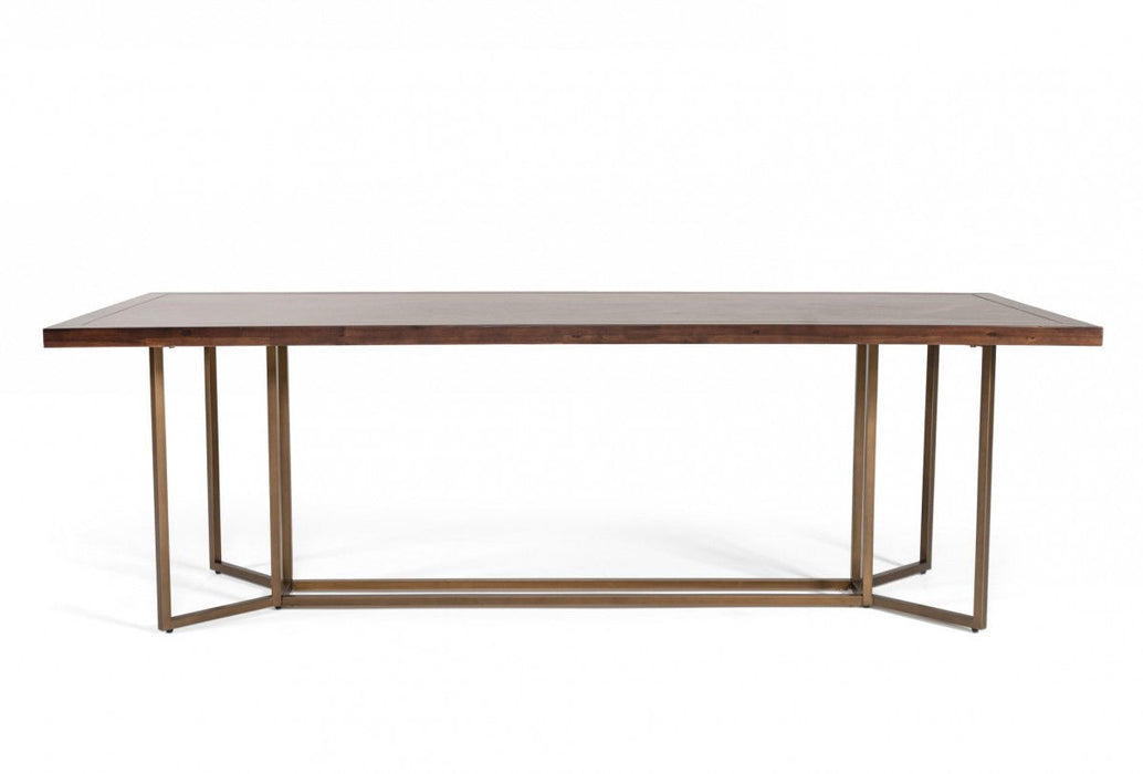 Solid Wood Trestle Base Dining Table - Brown / Brass