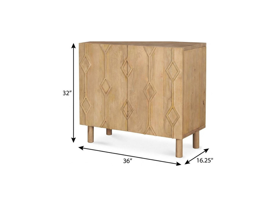 36" Solid Wood Carved Geometric Accent Cabinet With Two Doors - Natural