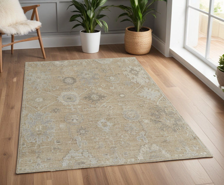 4' x 6' Wool Floral Hand Knotted Area Rug - Tan And Ivory