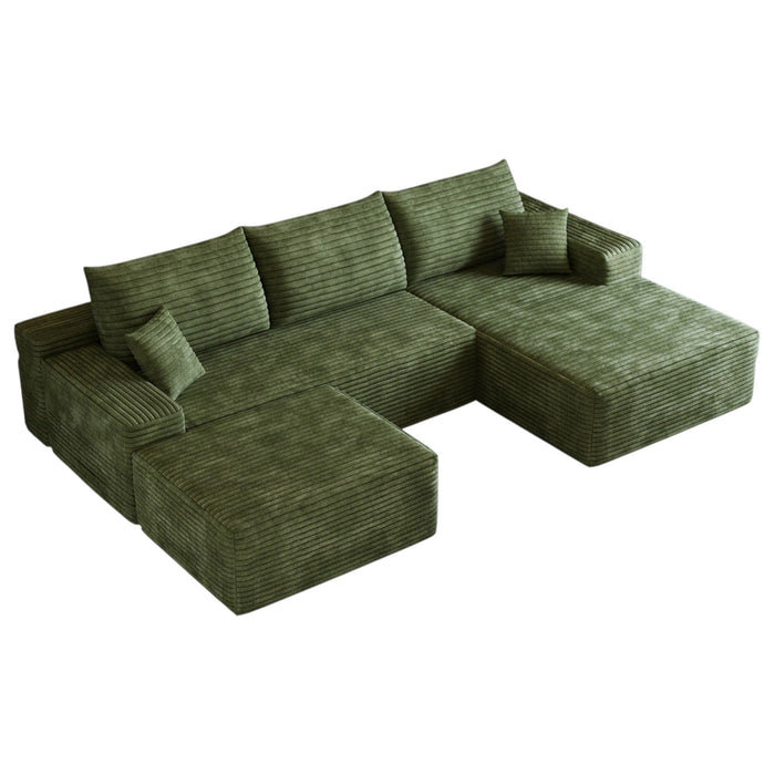 2 Piece Living Room Set Corduroy Modular Compression Foam Sofa & Ottoman Toss Pillows - Green