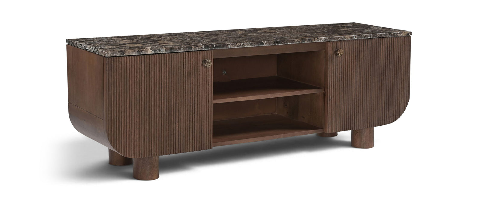 Meridian Furniture Cressa mango wood media console with open shelves and sleek design, ideal for TV and media storage.