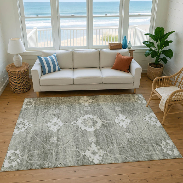 8' X 10' Floral Medallion Washable Area Rug With UV Protection - Olive Green And Ivory