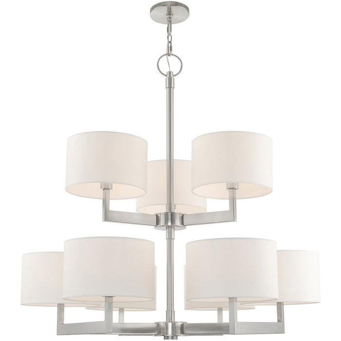 HomeRoots 43-inch nine-light metal chandelier with shades, dimmable nickel finish and off-white shades, ideal for elegant dining rooms