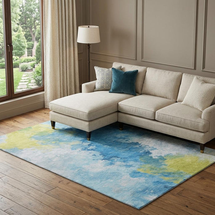 10' X 14' Abstract Washable Area Rug With UV Protection (696770) - Blue / Yellow / Ivory