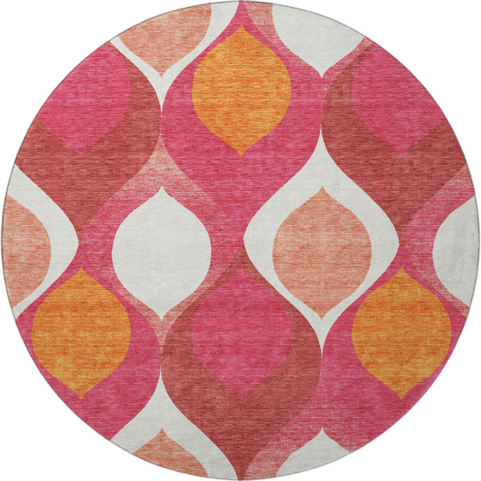 8' Ogee Washable Round Rug With UV Protection - Pink