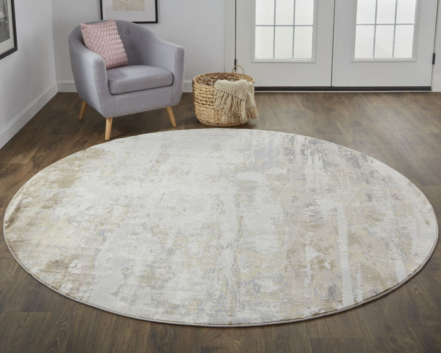 8' Round Abstract Area Rug - Tan Ivory And Gray