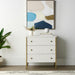 HomeRoots 32-inch wood and metal accent cabinet with carved geometric design, three drawers, in gold and white finish.